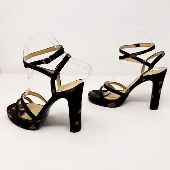 Vintage Runway Dolce & Gabbana Brown Floral Brown Strap Heel Platform 38 1990s - Picture 10 of 13